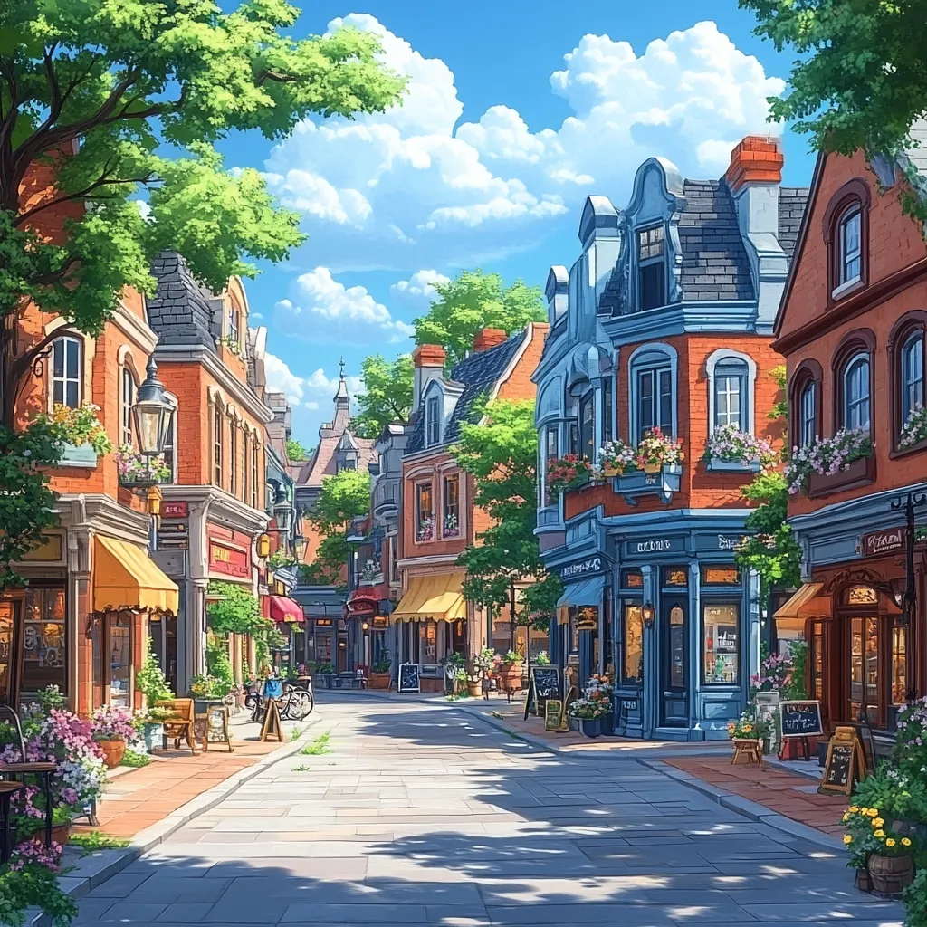 A charming, sun-drenched street scene unfolds, showcasing a row of quaint, two-story buildings.  Brick facades, accented with blue and featuring flower boxes, line the cobblestone street.  Yellow awnings extend from shops, hinting at cafes and boutiques within.  Lush greenery, including trees and flowering plants, adds to the idyllic atmosphere.  A bicycle leans against a building, and outdoor seating is visible, suggesting a peaceful, community-focused environment. The sky is bright blue with fluffy white clouds. The overall style is reminiscent of a whimsical illustration or a storybook setting.