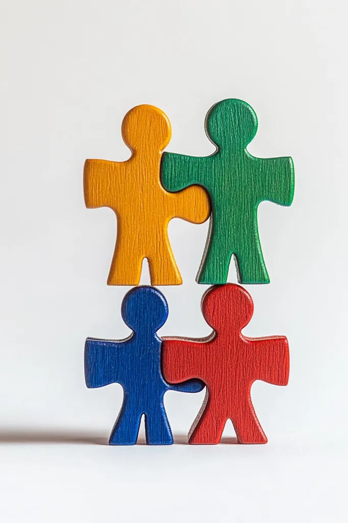 Four wooden puzzle pieces shaped like people, in yellow, green, blue, and red, are stacked in two levels.  The top level shows the yellow and green figures interlocking arms.  The bottom level shows the blue and red figures doing the same. The pieces are positioned against a plain white background. The image evokes a sense of unity and teamwork.