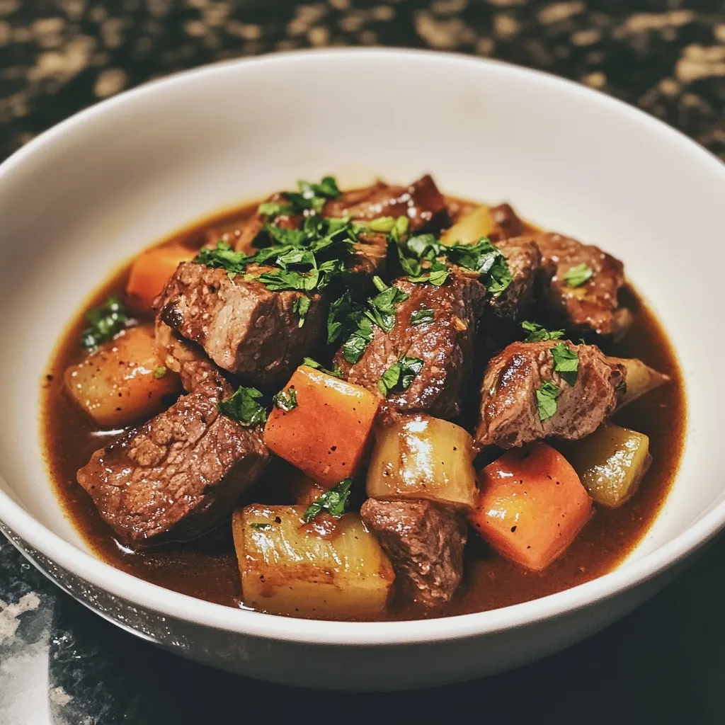 A white bowl holds a hearty beef stew.  Chunks of tender beef are immersed in a rich, dark brown gravy alongside carrots, onions, and potatoes.  Fresh parsley is sprinkled on top, adding a touch of green to the warm, savory dish. The lighting and focus highlight the texture and deliciousness of the stew.  The overall impression is one of comforting, home-cooked goodness.