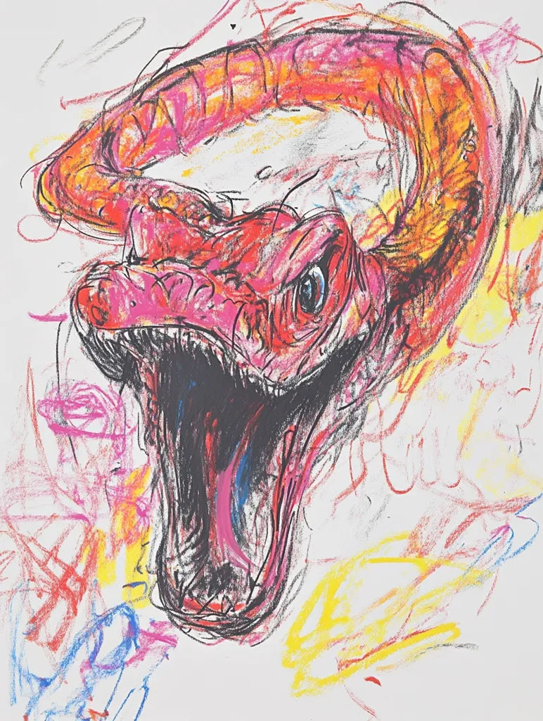 The image is an expressive, abstract drawing of a snake's head. Rendered in vibrant, layered strokes of pink, red, orange, yellow, and black, the snake is depicted with its mouth agape, revealing sharp teeth. The background features a chaotic array of colorful scribbles and markings, creating a sense of movement and energy. The overall style is bold and energetic, suggesting a raw, primal force. The artist employs a gestural style, prioritizing emotion and expression over precise detail.