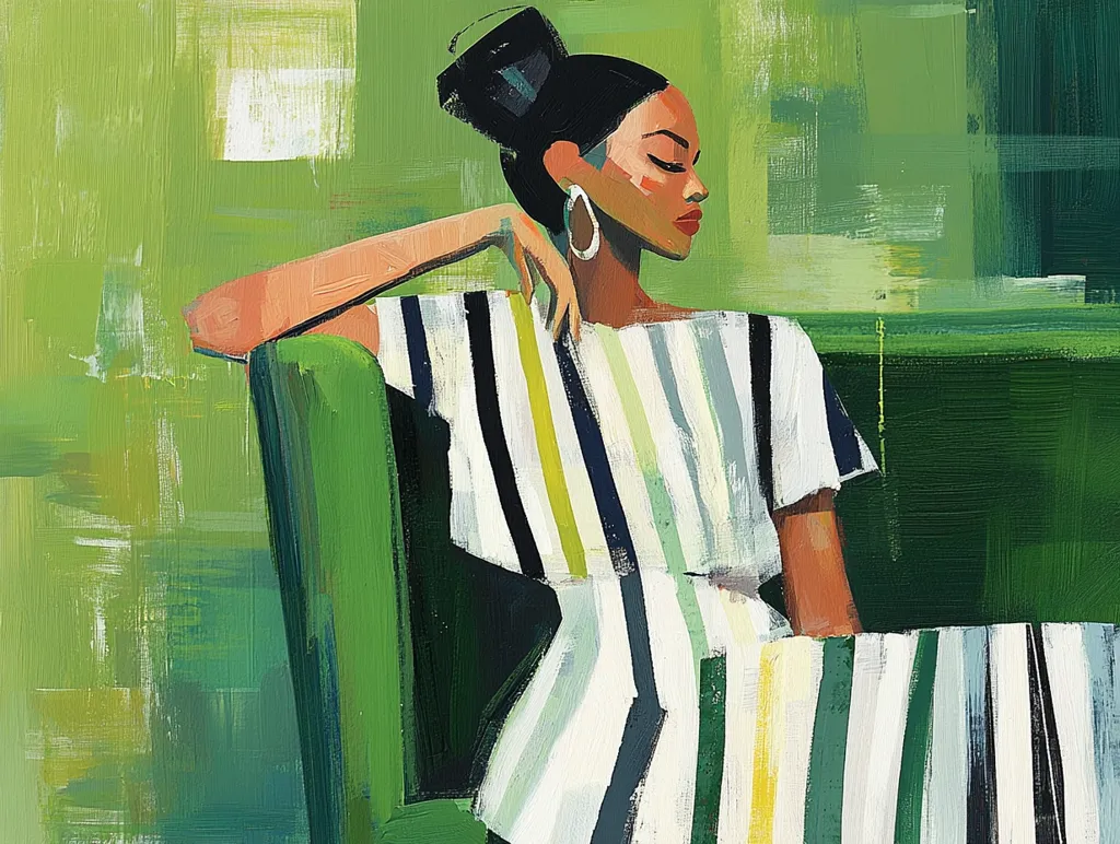 A stylized portrait depicts a woman with dark hair in a bun, wearing a vertically striped dress in muted greens, whites, and blacks. She sits pensively on a green upholstered chair against a textured green background.  The painting's style is loose and expressive, with visible brushstrokes creating a sense of movement and depth.  Her pose is relaxed yet elegant, suggesting a moment of quiet contemplation. The overall mood is calm and contemplative.