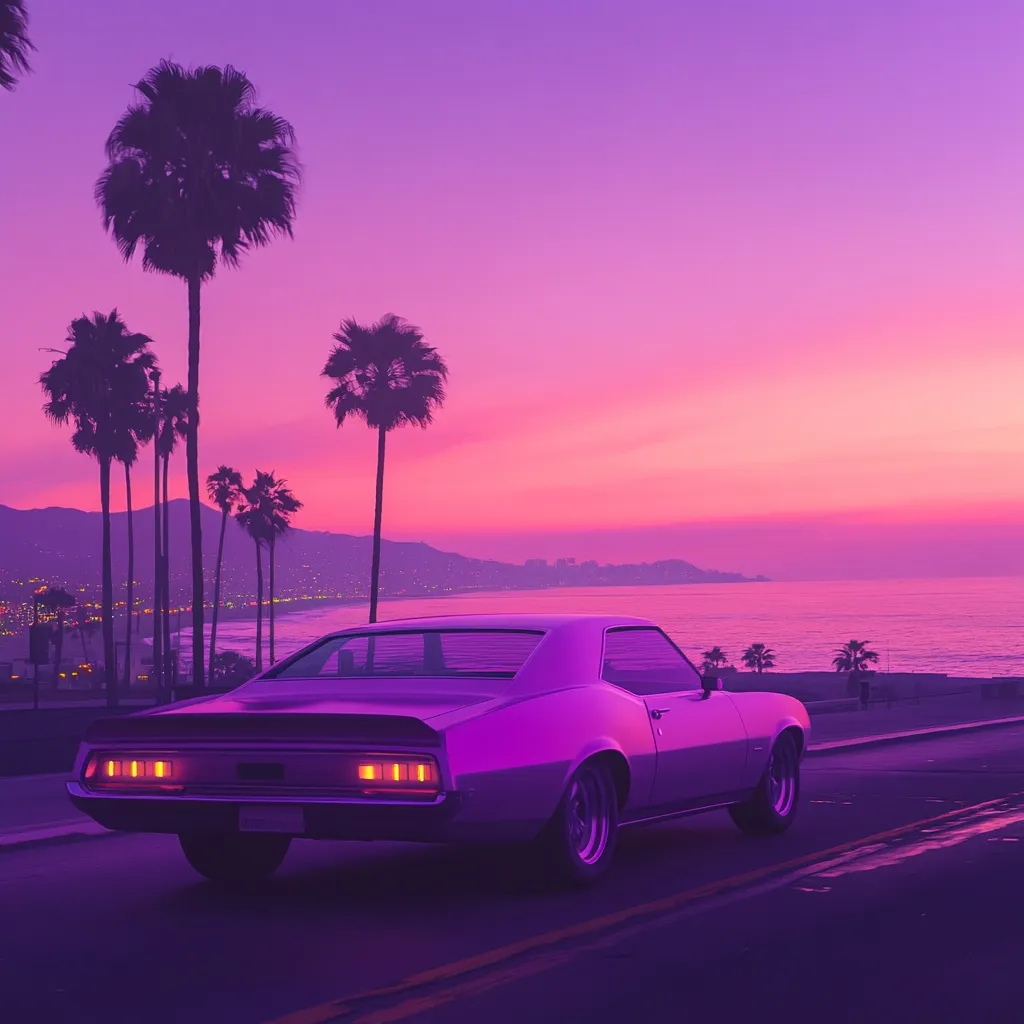 A vibrant purple sunset casts a dreamy glow over a coastal highway.  A classic, purplish-toned muscle car drives away from the viewer, silhouetted against the warm hues of the sky. Palm trees line the roadside, leading to a city twinkling in the distance beside a calm ocean. The overall aesthetic is nostalgic and evokes a feeling of serene, retro California.