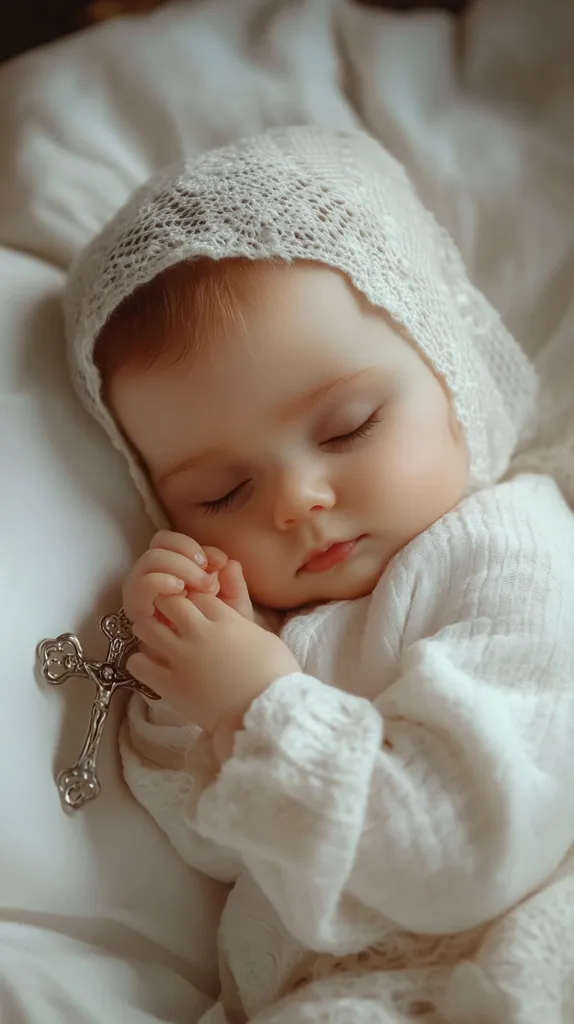 A sleeping baby, adorned in a delicate white crocheted bonnet and matching outfit, rests peacefully.  The infant's hands are clasped together, holding a small silver cross.  The soft lighting and white bedding create a serene and tender atmosphere, evoking a sense of innocence and tranquility. The baby's closed eyes and peaceful expression add to the image's overall calm and gentle mood.