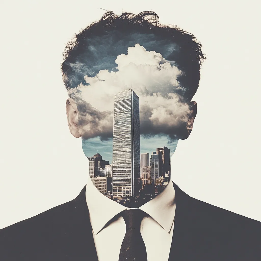 The image is a surreal double exposure photograph.  A man in a suit is depicted, but his head is replaced by a cityscape under a cloudy sky.  A prominent skyscraper dominates the city skyline visible within the man's head, symbolizing ambition, perhaps inner turmoil, or the weight of urban life. The juxtaposition of the man's formal attire and the chaotic yet organized cityscape creates a powerful and thought-provoking visual metaphor. The overall tone is somber and somewhat melancholic.