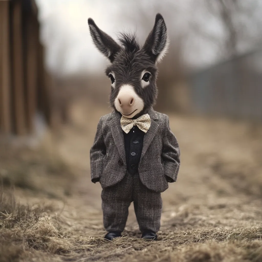 Here's a description of the image:

The photograph shows a whimsical scene of a donkey's head meticulously attached to a miniature, impeccably tailored gray suit.  The donkey, with its dark fur and expressive eyes, wears a small, patterned bow tie, completing the dapper ensemble. The backdrop is blurred, showcasing a rustic, outdoor setting of dry grass and a muted, out-of-focus background suggesting a rural or farm-like environment. The overall effect is both humorous and slightly surreal, drawing attention to the unexpected juxtaposition of the animal head and human clothing.