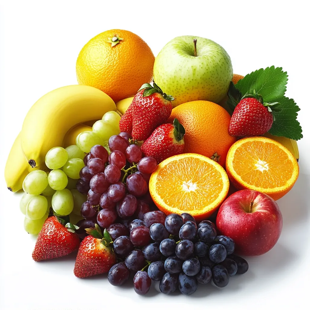 A vibrant collection of fresh fruits is artfully arranged on a white background.  Included are oranges, sliced oranges, a green apple, a red apple, bananas, green grapes, red grapes, and dark purple grapes.  Several ripe strawberries complete the colorful assortment. The fruits appear juicy and ready to eat, creating a visually appealing and healthy display.