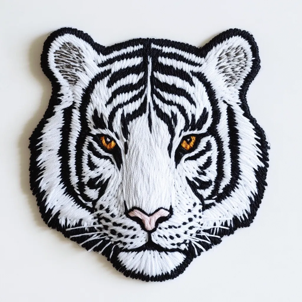 This image shows a meticulously crafted embroidered patch depicting the face of a white tiger.  The patch is predominantly white thread, with black thread outlining the characteristic stripes.  The tiger's orange eyes are vividly detailed, and its fur is realistically textured through the embroidery. The overall effect is a striking and detailed representation of the animal, suitable for affixing to clothing or other items.