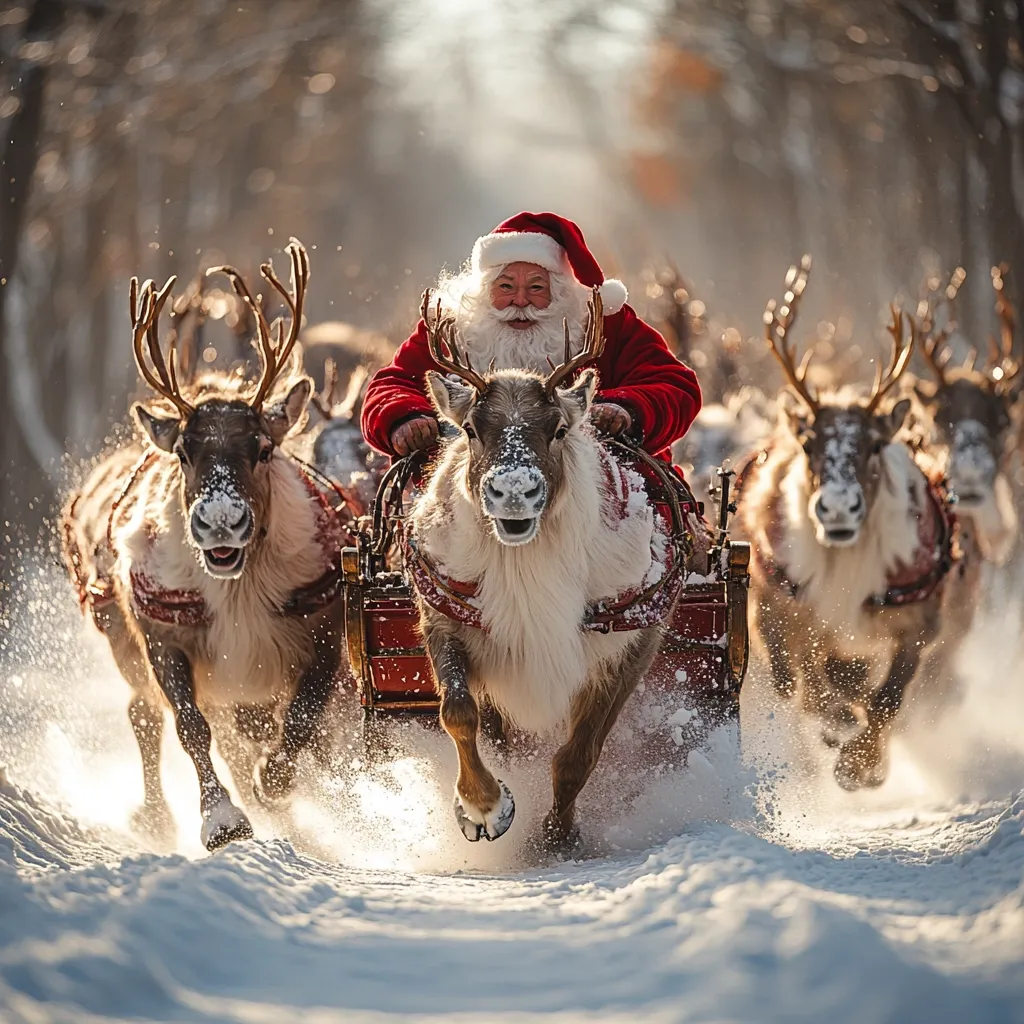 Santa Claus, jovial and bearded, sits in a sleigh pulled by a team of reindeer.  The sleigh speeds through a snowy, sun-dappled forest.  Reindeer bound ahead, their breath misting in the cold air, creating a magical Christmas scene.  The vibrant red of Santa's suit contrasts beautifully with the white snow and the browns of the reindeer, capturing the essence of a classic Christmas journey.