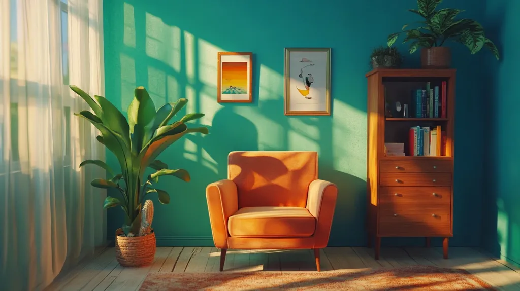 Sunlight streams through sheer curtains into a teal-walled room, illuminating an orange armchair.  A large potted plant stands beside it, adding to the warm, inviting atmosphere.  A mid-century modern wooden bookcase holds books and plants, while two framed artworks hang on the wall.  The overall aesthetic is calm, peaceful, and subtly retro.  A rug sits partially under the chair, completing the scene.