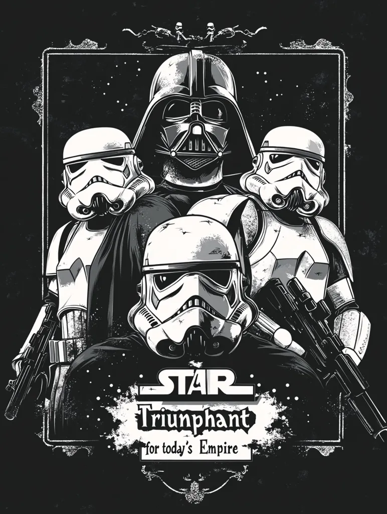 Here's a description of the image:

The image is a black and white, stylized illustration featuring Darth Vader flanked by two stormtroopers.  Another stormtrooper is positioned in the foreground, partially obscuring Darth Vader. The style is reminiscent of vintage posters or album art, with a distressed, grunge effect. A decorative frame surrounds the central figures. Text at the bottom reads "STAR Triumphant for today's Empire," suggesting a Star Wars theme with a modern, possibly rebellious, twist. The overall mood is dark, powerful, and evocative of the Star Wars Empire.