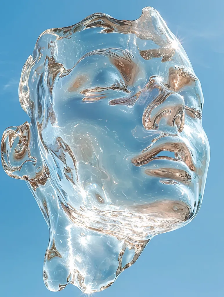 Here's a description of the image:

The image shows a striking, abstract sculpture of a face, seemingly crafted from clear, molten glass or a similar translucent material.  The sculpture's form is fluid and amorphous, with the features of a face—eyes, nose, and mouth—suggested rather than precisely defined. Light refracts beautifully through the material, creating internal highlights and a shimmering effect, particularly around the edges. The background is a clear, unblemished light blue sky. The overall impression is one of ethereal beauty and delicate fragility.