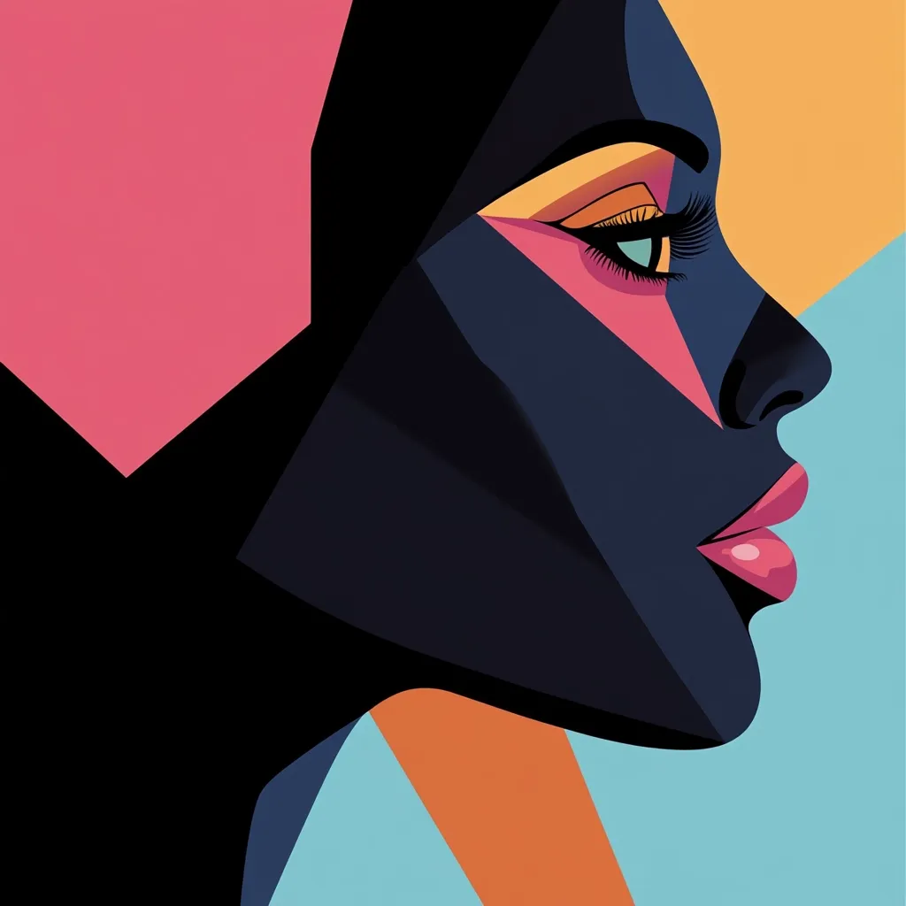 Here's a description of the image:

The image is a stylized portrait of a woman's face in profile, rendered in a bold, geometric style reminiscent of Cubism.  Her dark skin is broken into sharp, angular shapes of deep blues and blacks, contrasted by vibrant accents of pink, orange, and teal.  The makeup is similarly geometric, with bold lines and blocks of color around her eye. The background is a complementing arrangement of geometric shapes in pastel colors. The overall effect is modern, striking, and visually arresting.