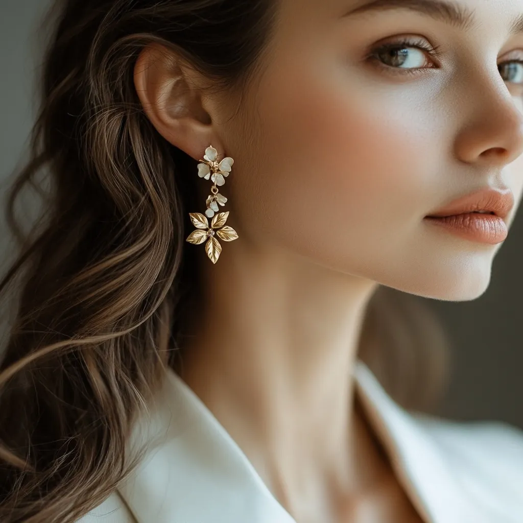 Close-up of a woman's profile, showcasing her long, wavy brown hair and delicate gold earrings. The earrings feature a cluster of small white flowers atop a larger gold floral design.  Her makeup is subtle and enhances her natural beauty. She's wearing a white blazer, the collar visible. The overall image is soft and elegant, focusing on the detail of the jewelry and the model's serene expression.