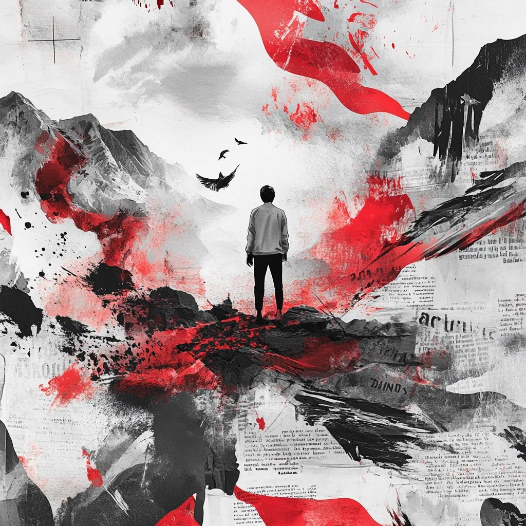 Here's a description of the image:

The artwork is a striking abstract piece dominated by bold strokes of red and black paint, interspersed with fragments of grayscale text resembling newspaper clippings.  A lone, silhouetted figure stands on a rocky outcrop, facing a mountainous landscape rendered in shades of gray and white.  Several birds fly overhead. The overall mood is contemplative and somewhat melancholic, with the vibrant red contrasting sharply against the muted tones of the background, suggesting a powerful internal conflict or a dramatic moment.  The collage-like elements add a sense of depth and complexity.