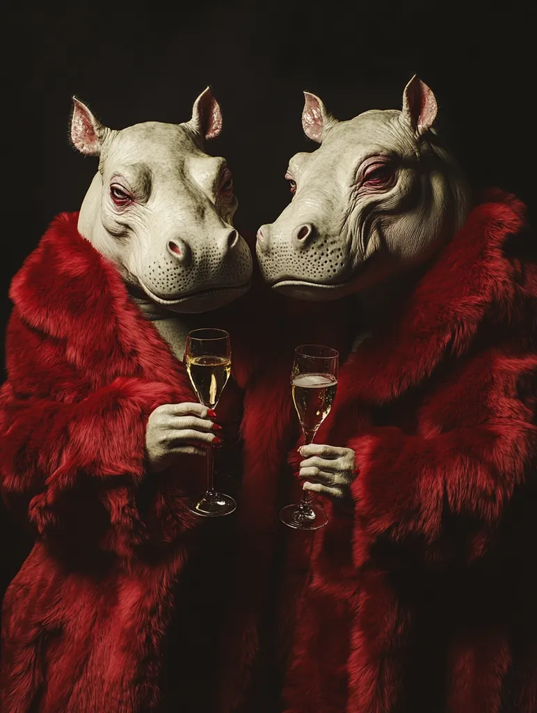 Two hippos, their faces subtly sinister, are elegantly dressed in matching crimson fur coats.  They sit side-by-side, each holding a champagne flute. The dark background accentuates the vibrant red of the fur and the pale skin of the hippo heads.  The scene is surreal and stylish, a juxtaposition of unexpected elegance and animalistic features.  The hippos appear sophisticated yet slightly unsettling, creating a captivating image.