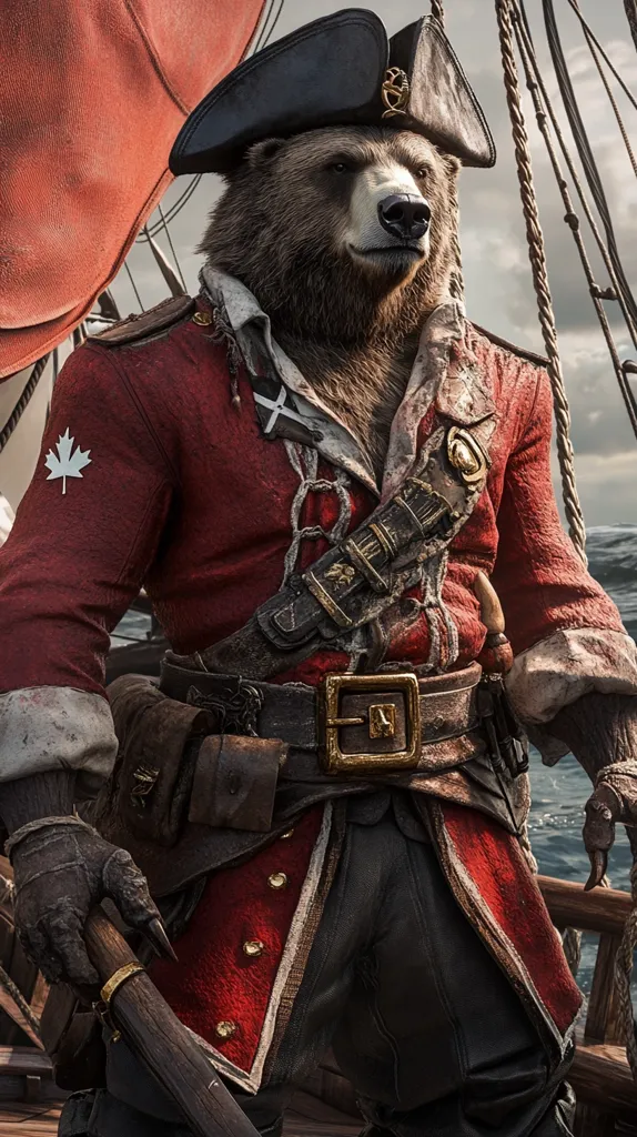 A brown bear, anthropomorphized as a pirate, stands on a ship's deck.  He's dressed in a weathered, red colonial-era military coat adorned with a Canadian maple leaf emblem, a tricorn hat, and a  leather belt with pistol holsters.  His attire is richly detailed, showcasing worn leather and metallic accents. The background features a stormy sea and the rigging of a sailing vessel, enhancing the pirate ambiance. The bear holds what appears to be a club or weapon. The overall image evokes a sense of adventure and a fantastical blend of historical and animalistic elements.