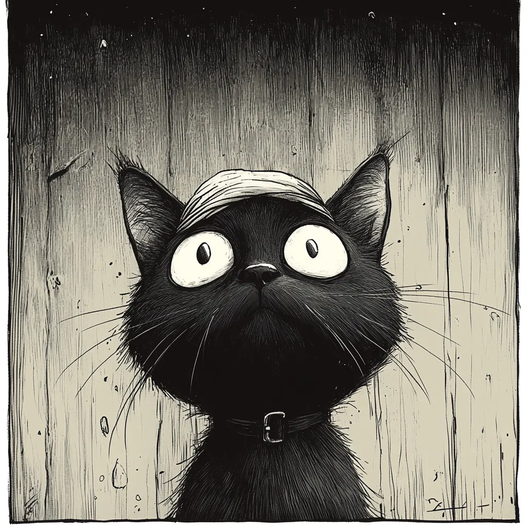 Here's a description of the image:

The illustration depicts a black cat with exaggeratedly large, wide eyes, gazing upwards.  It wears a white bandage around its head and a simple collar.  The cat's fur is rendered with meticulous shading, giving it a textured appearance.  The background is a textured, light beige wooden surface, with darker lines suggesting wood grain. The style is reminiscent of a graphic novel or comic book, with bold lines and contrasts creating a slightly whimsical yet slightly unsettling atmosphere. The overall mood is curious and slightly melancholic.