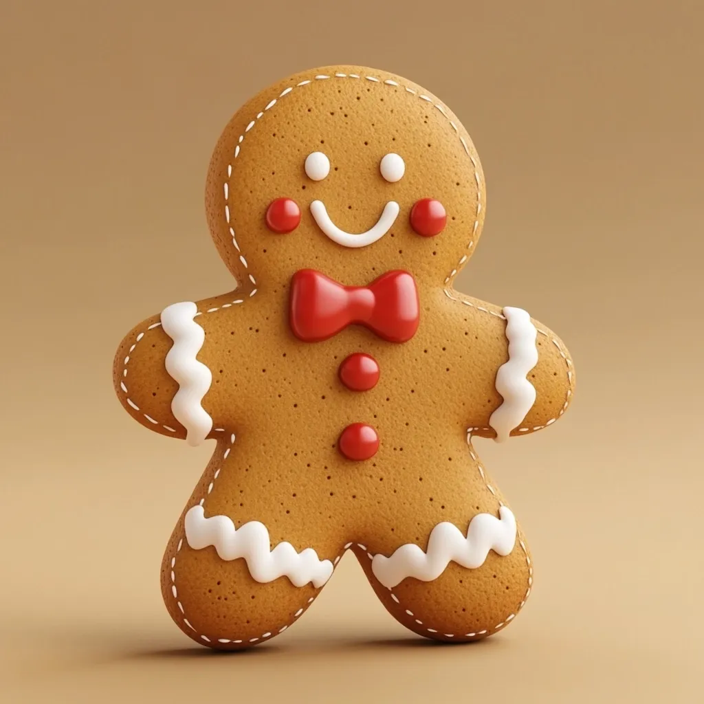 A cheerful gingerbread man cookie is presented against a muted brown background.  Its light brown body is adorned with white icing along the edges and arms, three red buttons, and a red bow tie.  Simple white icing dots and a smiling mouth complete the festive face. The cookie appears meticulously crafted with a slightly three-dimensional texture, giving it a lifelike, almost sugary, quality.