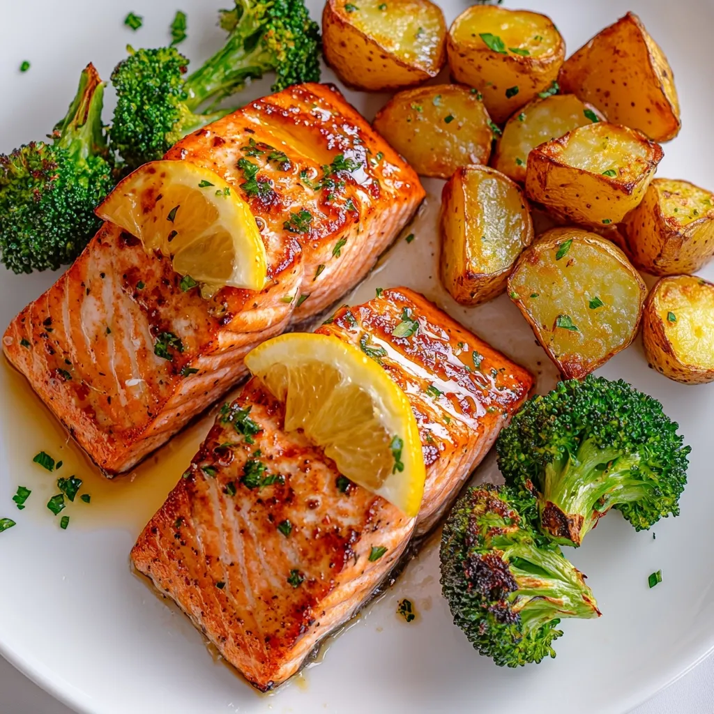 Here's a description of the image:

A close-up shot showcases two perfectly pan-seared salmon fillets, glistening with a light glaze and garnished with lemon wedges and fresh parsley.  The salmon rests on a white plate alongside roasted potatoes, their skins browned and slightly crispy, and vibrant green roasted broccoli florets.  The overall presentation is appetizing and suggests a healthy, delicious meal.  The lighting is bright, highlighting the colors and textures of the food.