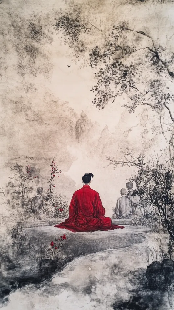 The artwork depicts a serene landscape in shades of gray and beige, with a central figure in a vibrant red robe sitting in meditation.  Several other figures are visible in the background, also seemingly in contemplation. The setting suggests a tranquil garden or temple grounds, with wispy trees and a misty atmosphere.  A single bird is visible in the pale sky, adding to the peaceful ambiance of the East Asian-inspired painting. The style is reminiscent of traditional ink wash painting.