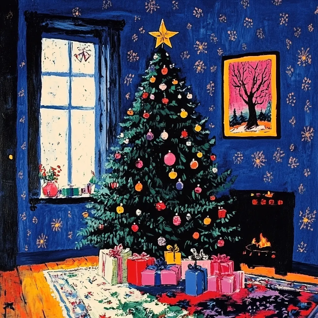 A vibrant painting depicts a Christmas scene. A richly decorated Christmas tree stands in a room with deep blue walls adorned with snowflake patterns.  Colorful presents are piled at the tree's base. A window shows a snowy scene outside, and a fireplace adds warmth to the festive setting. The overall style is bold and expressive, with bright colors and visible brushstrokes. A framed picture on the wall adds to the room's character. The scene exudes holiday cheer.
