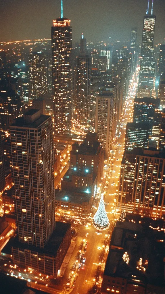 Here's a description of the image:

A nighttime aerial view of a section of Chicago's cityscape reveals a vibrant display of city lights.  Tall skyscrapers dominate the frame, their windows ablaze with warm interior lighting, creating a striking contrast against the dark night sky. A brightly lit Christmas tree is visible in a city square below, adding to the festive atmosphere.  The streets are illuminated with car headlights, creating streaks of light that weave through the urban landscape.  The overall impression is one of bustling city life and holiday cheer.