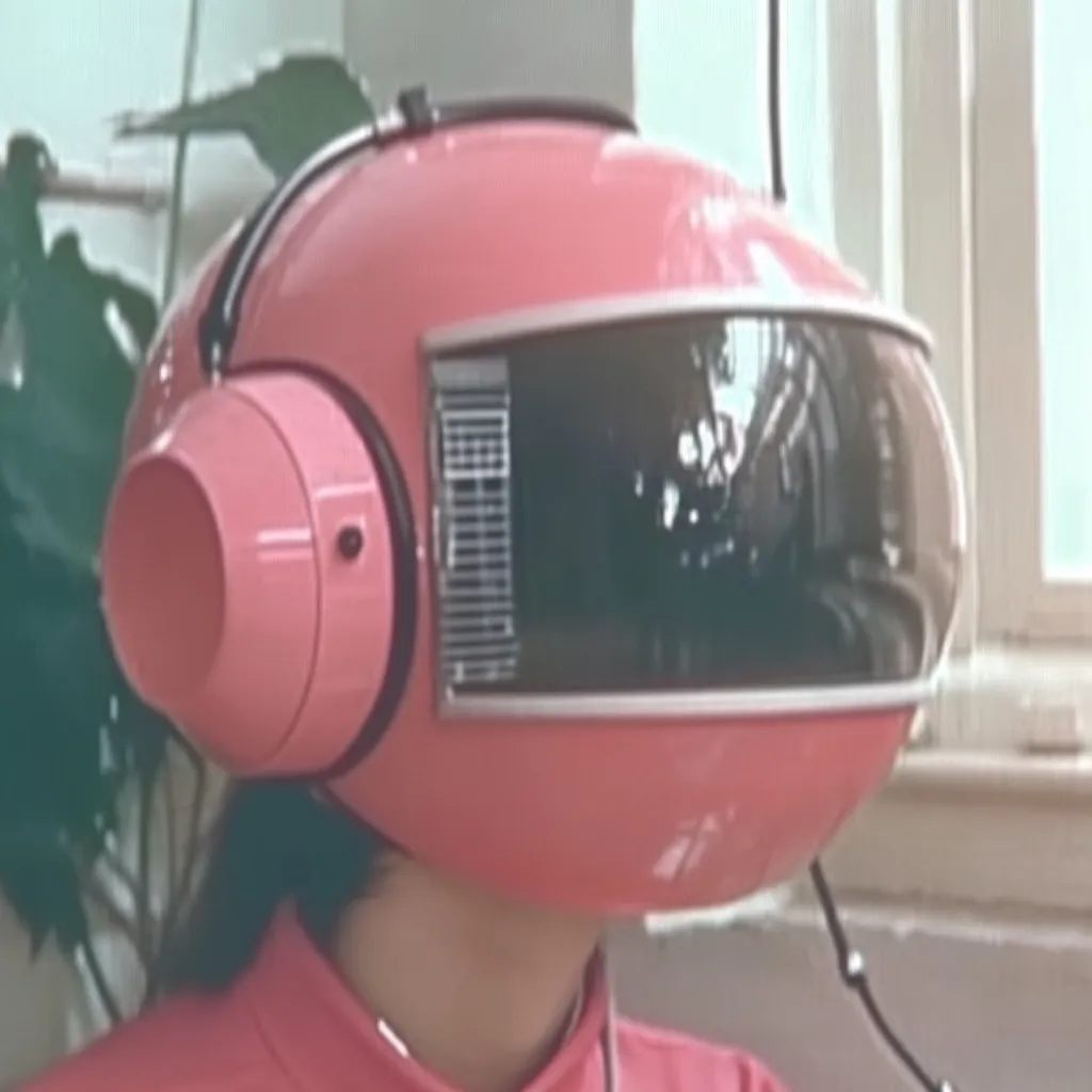 Here's a description of the image:

The close-up shows a person wearing a vibrant pink helmet, reminiscent of a futuristic or retro design.  The helmet features a large, curved visor, a smaller round component on the side that seems like a speaker or air vent, and a headband-style attachment. The helmet's pink matches the person's similarly colored top, creating a cohesive color scheme.  The background is blurred, showing a glimpse of indoor greenery and a window, suggesting an interior setting. The overall impression is one of novelty and a somewhat whimsical, perhaps science fiction, aesthetic.