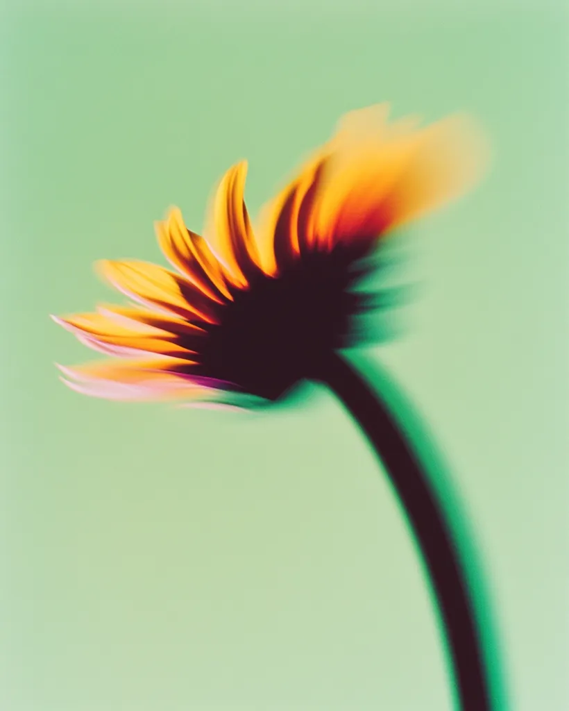 Here's a description of the image:

The photograph showcases a stylized close-up of a flower, possibly a daisy or sunflower variant.  Its petals are blurred, creating a sense of movement or softness, predominantly warm orange and yellow hues with hints of pink and deep purple shadows near the center. The stem is dark, almost black, curving gracefully from the flower's base. The background is a simple, muted pastel green, providing a stark contrast to the vibrant flower.  The overall effect is abstract and artistic, emphasizing the flower's form and color more than its botanical detail.