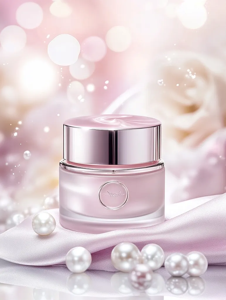 A luxurious pink cream jar sits on a soft, pale pink silk fabric, surrounded by glistening pearls.  The jar has a metallic silver lid and a subtle, elegant logo.  The background is a dreamy, bokeh-filled image of soft pink and white, suggesting a romantic and delicate atmosphere. The overall aesthetic is one of high-end beauty and femininity.