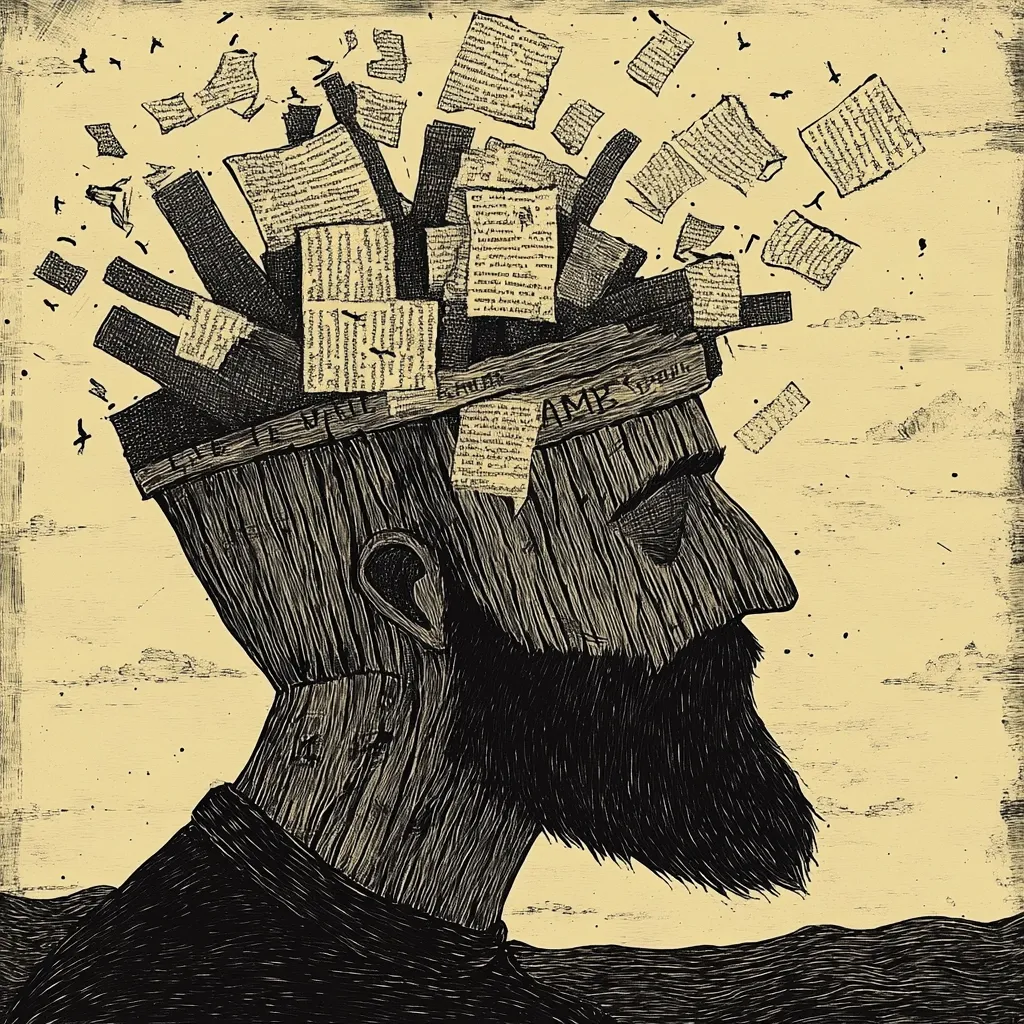 Here is a description of the image:

The image is a woodcut-style illustration of a bearded man's head and shoulders, rendered in black and white against a pale yellow background. His head is depicted as a wooden box overflowing with scraps of paper, representing thoughts or memories.  These papers are scattered around his head, some floating away like airborne debris.  The man's expression is serious and contemplative, his gaze directed towards the horizon, which suggests a feeling of reflection or introspection. The overall style is reminiscent of vintage printmaking or etching, creating a somewhat melancholic and thoughtful mood.