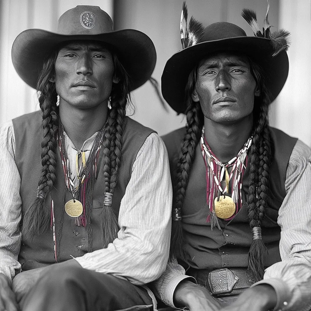 Here's a description of the image:

A striking black and white photograph depicts two Native American men, seated side-by-side.  They wear similar attire:  wide-brimmed hats adorned with feathers, long braided hair, striped shirts, dark vests, and intricate beaded necklaces, each featuring a prominent circular medallion. Their expressions are serious and direct, gazing intently at the viewer.  The image's contrast and composition emphasize their stoic presence and the detail of their traditional clothing and adornments. The overall tone is one of quiet dignity and strength.