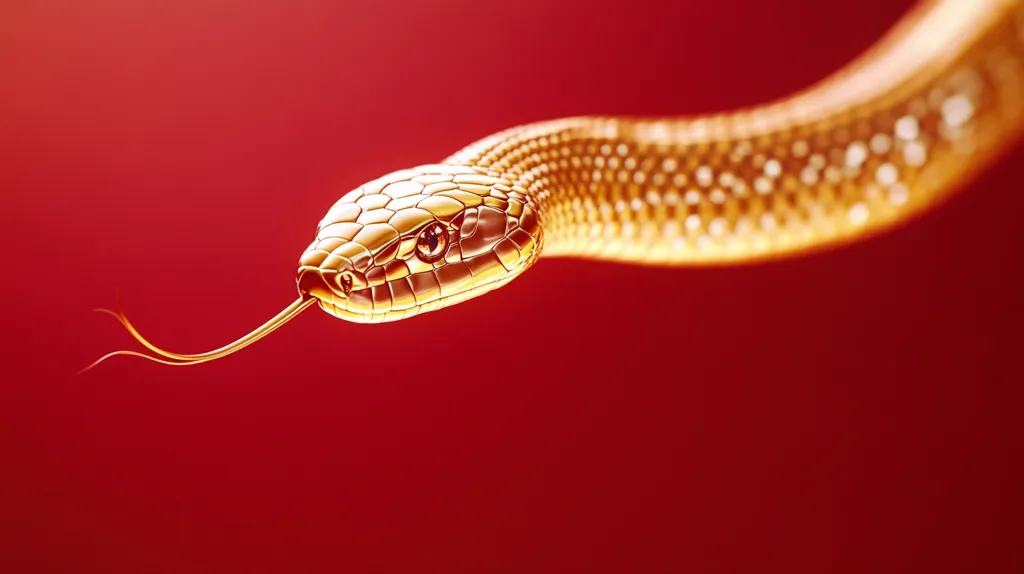 The image shows a close-up of a golden snake against a vibrant red background. The snake's scales are meticulously detailed, giving it a metallic sheen. Its forked tongue extends forward, and its eyes are visible, adding intensity to the image. The contrast between the gold and red creates a striking visual effect. The snake appears to be three-dimensional, suggesting a digitally rendered or sculpted piece. The overall impression is one of luxury and perhaps symbolic meaning.