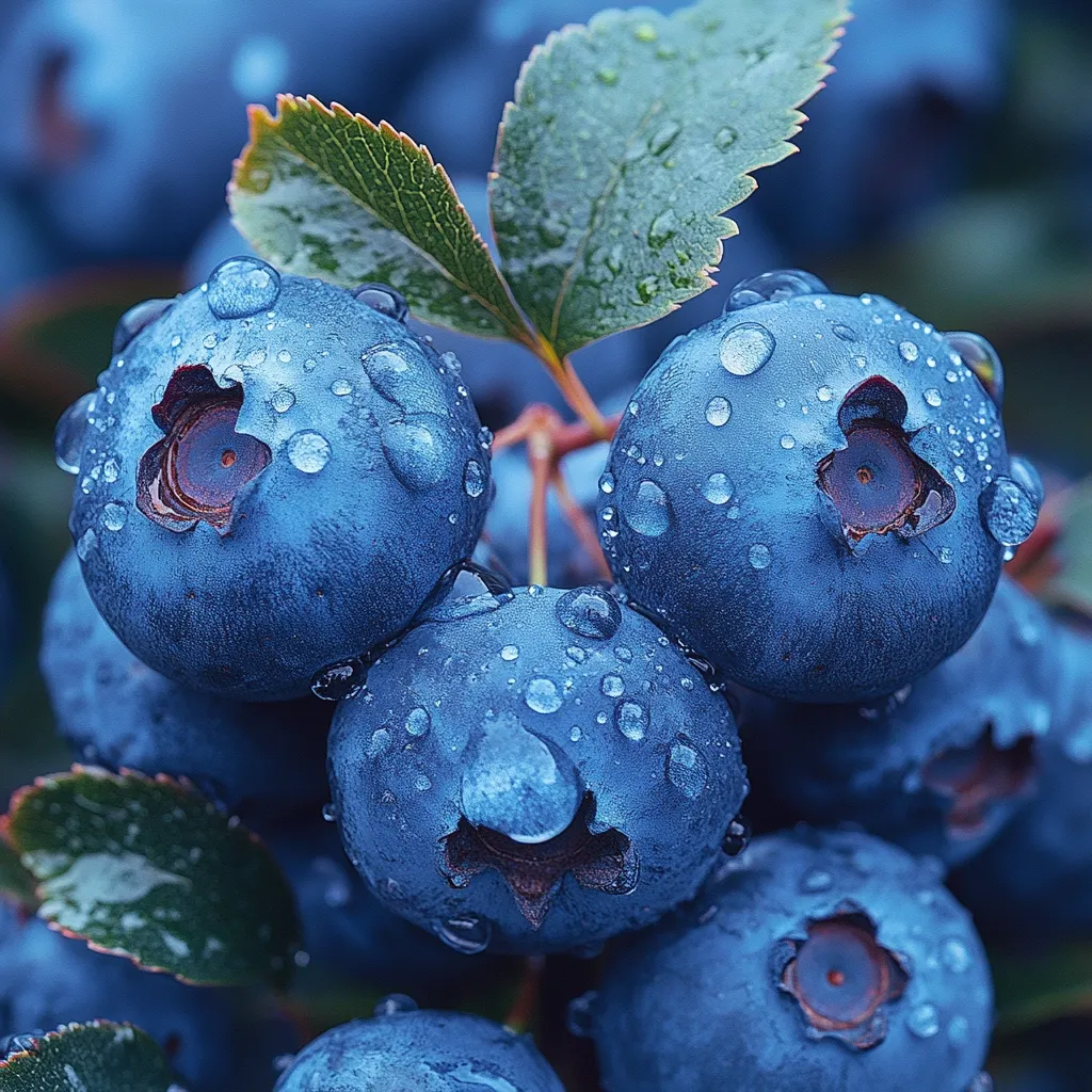 Here's a description of the image:

A close-up shot reveals a cluster of plump, ripe blueberries glistening with water droplets.  The blueberries are a deep, rich blue, almost indigo in shade, and their surfaces are speckled with numerous tiny beads of water.  A vibrant green leaf, also dotted with moisture, is prominently featured behind the berries, suggesting they've recently been rained on or are in a humid environment. The focus is sharpest on the central berries, creating a beautiful depth of field.  The overall impression is one of freshness and natural abundance.