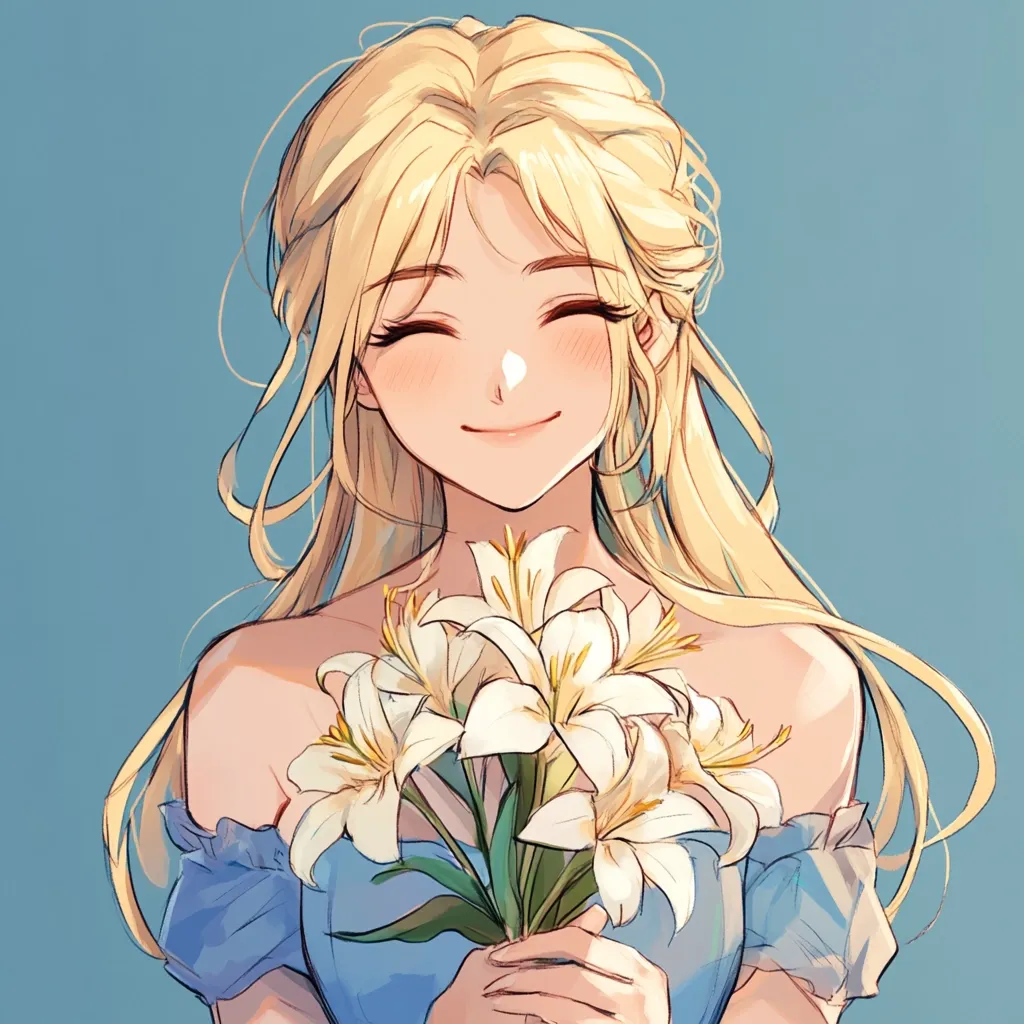Here's a description of the image:

The illustration depicts a young woman with long, flowing blonde hair styled in a gentle, slightly wavy fashion.  She has a serene expression, her eyes closed in a peaceful smile, and rosy cheeks. She's wearing a light blue, off-the-shoulder dress and delicately holds a bouquet of white lilies close to her chest. The art style is soft and dreamy, with pastel colors and a focus on gentle lines and shading. The background is a simple, light blue, allowing the figure and flowers to take center stage. The overall mood is one of calm happiness and gentle beauty.