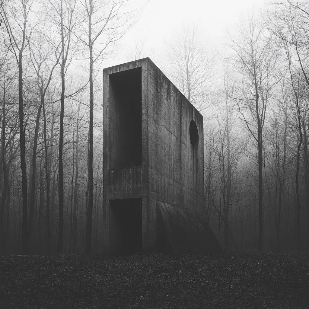 A stark, monochromatic image depicts a monolithic concrete structure nestled within a dense, fog-shrouded forest. The structure, seemingly a minimalist architectural piece, features a large rectangular opening and a smaller circular one, adding to its austere design. The bare, leafless trees in the background create a haunting, almost surreal atmosphere, enhanced by the heavy fog and the contrast between the smooth concrete and the rough forest floor. The overall mood is one of isolation and mystery.