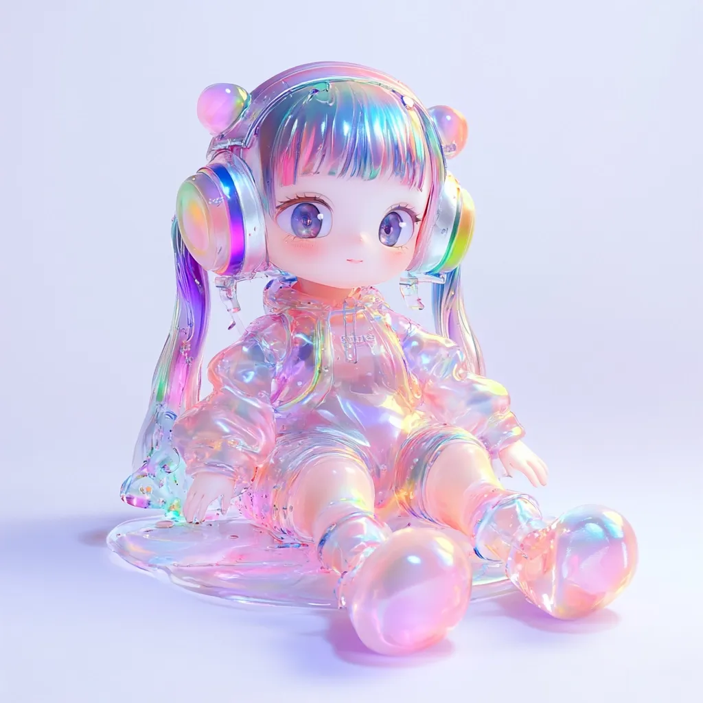 Here's a description of the image:

The image shows a meticulously crafted iridescent doll, seemingly made of a translucent, pearlescent material.  The doll, styled in anime fashion, wears oversized headphones and a hooded sweatshirt, all sharing the same shimmering, rainbow-like finish.  Its large, expressive eyes and small features contribute to a cute, almost ethereal aesthetic. The doll appears to be sitting on a puddle of the same shimmering substance, adding to its dreamlike quality. The background is a soft, light purple, enhancing the doll's vibrant colors and overall magical appearance.