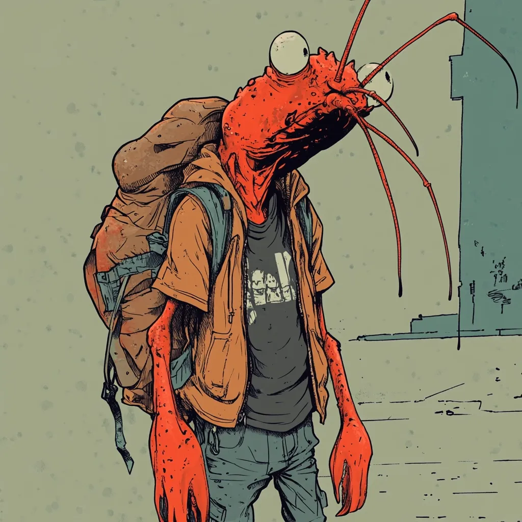 Here's a description of the image:

The illustration depicts an anthropomorphic crustacean, resembling a lobster or crayfish, dressed in casual human clothing.  It wears a tan jacket over a dark t-shirt with a graphic design, and teal-colored pants. A large, worn backpack is strapped to its back.  The creature's exoskeleton is a vibrant reddish-orange, contrasted by its large, expressive eyes. Its long, slender limbs end in clawed hands. The background is muted and suggests an urban setting with a building and textured street visible. The style is graphic novel or comic book-esque, with bold lines and muted colors.