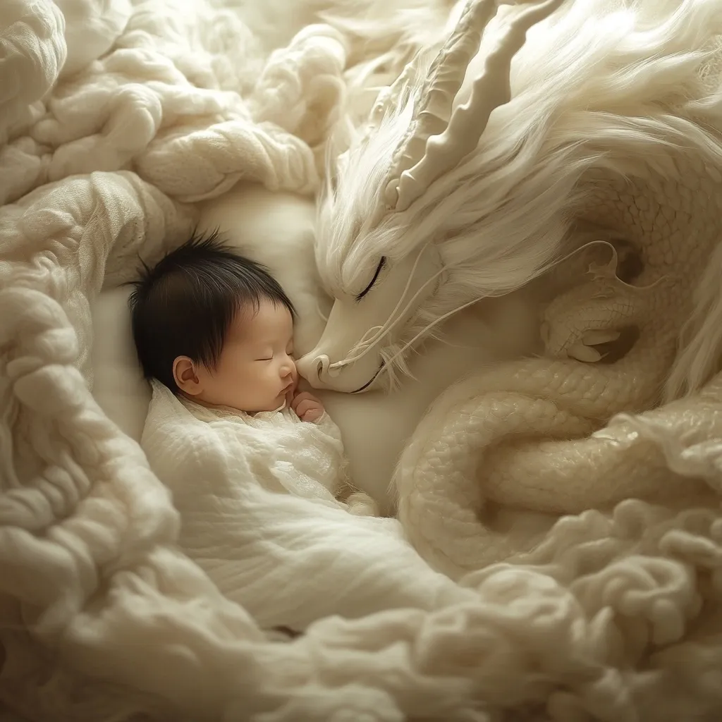A newborn baby, swaddled in white fabric, peacefully sleeps nestled against a large, plush white dragon.  The dragon's head rests gently near the baby's face, creating a serene and magical scene.  Both are surrounded by soft, creamy textured blankets, enhancing the peaceful and dreamlike ambiance of the image. The overall color palette is soft whites and creams, contributing to a feeling of calm and tranquility.
