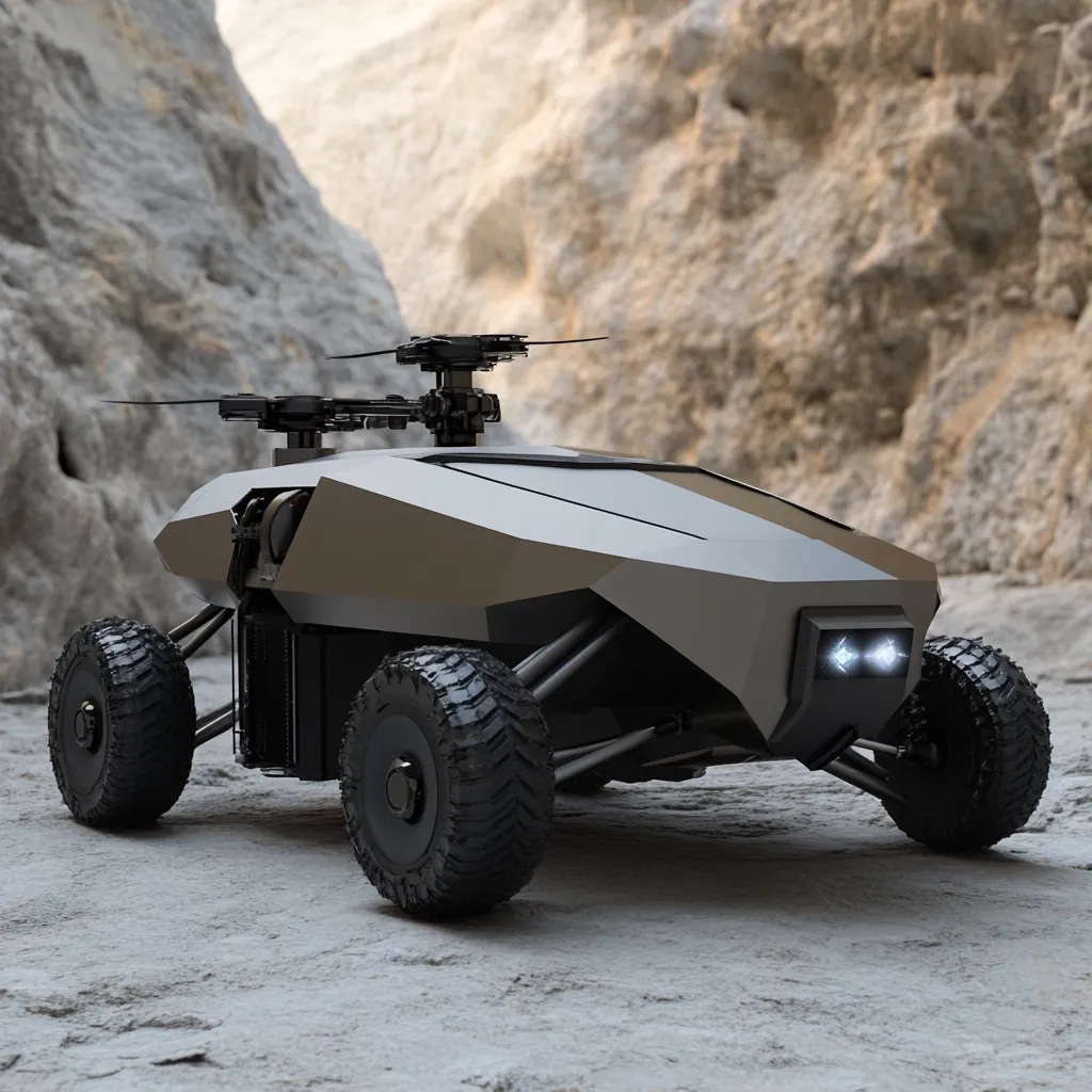 Here's a description of the image:

The image shows a futuristic, military-style all-terrain vehicle (ATV) in a rocky, desert-like environment.  The ATV is dark gray or brown, with a boxy, angular design.  Atop the vehicle is a small, drone-like rotor system suggesting flight capabilities.  Large, rugged tires indicate off-road functionality.  The vehicle's front features small, bright headlights.  The background showcases a rough, textured rock formation, enhancing the vehicle's rugged and potentially clandestine nature.