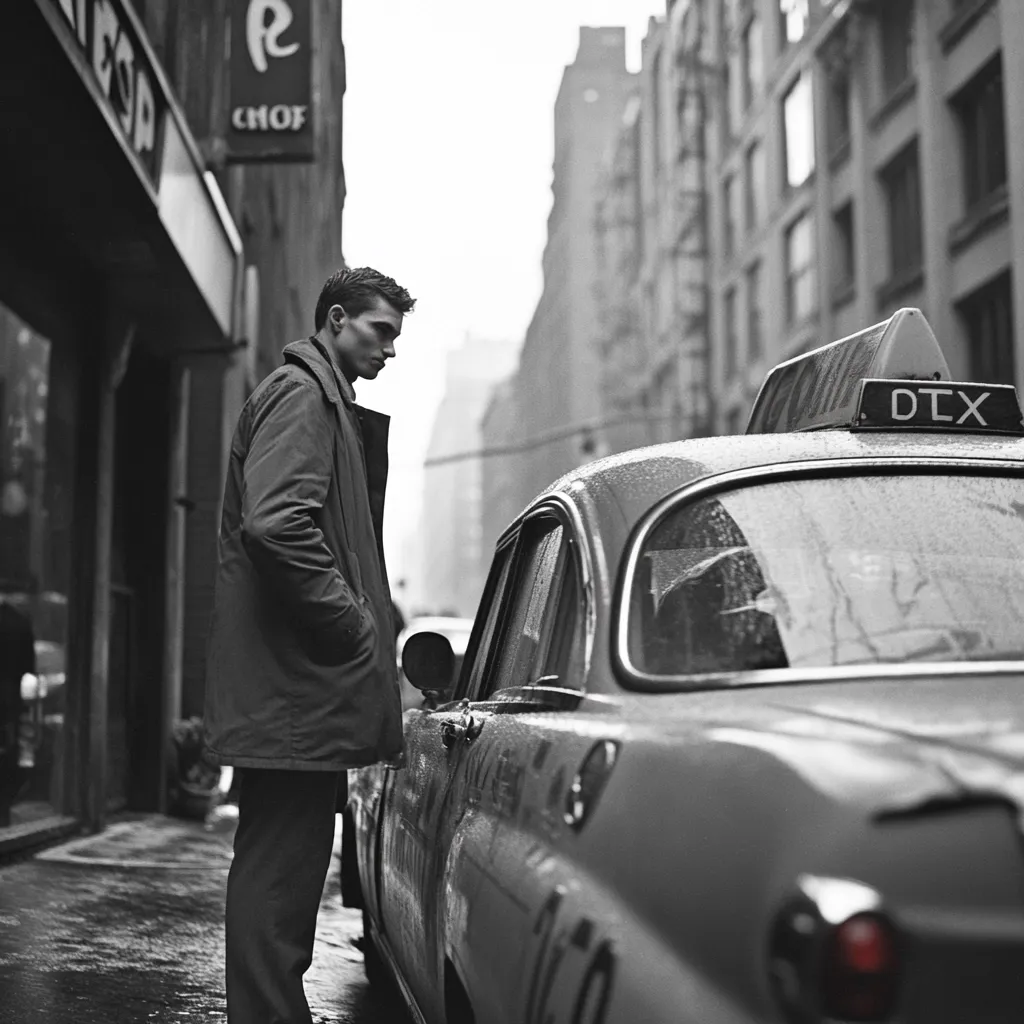 A black and white photograph captures a young man in a mid-length coat, standing beside a vintage taxi cab on a rain-slicked city street. The man, with his hands in his pockets, appears to be waiting or considering hailing the cab.  The background showcases a row of buildings, adding to the urban atmosphere. The taxi's "DTX" sign is clearly visible. The overall mood is somber and slightly mysterious, characteristic of classic street photography.