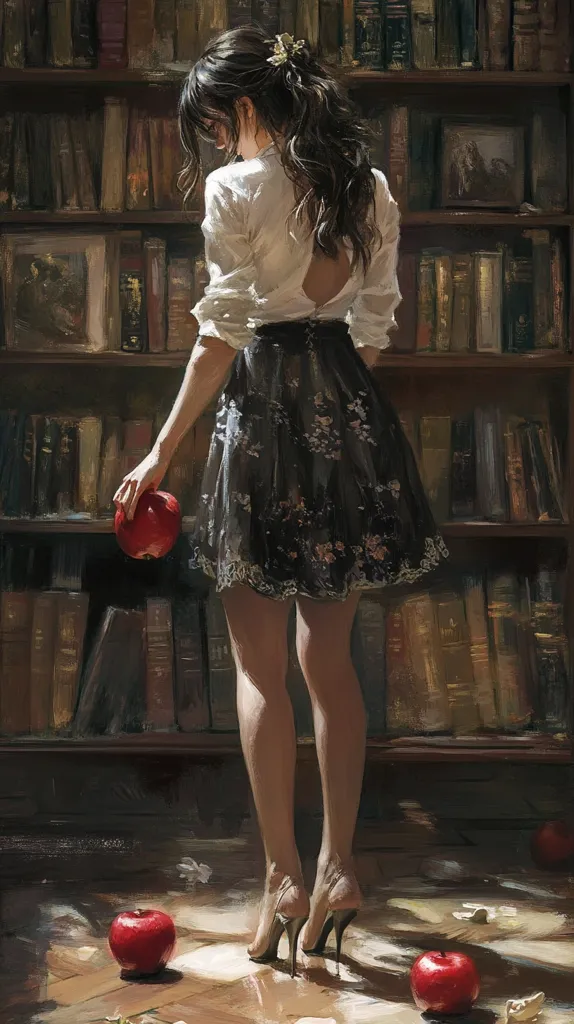 A painting depicts a young woman with long dark hair, elegantly dressed in a white blouse and dark floral skirt, standing before a towering bookshelf filled with antique books. She holds a single red apple, another rests on the floor near her high-heeled shoes.  The scene is bathed in soft, warm light, creating a dreamy, almost fairytale-like atmosphere. The overall impression is one of quiet grace and mystery.