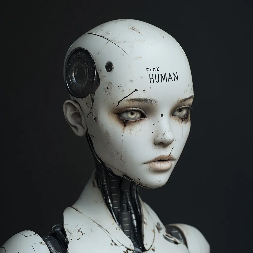 Here's a description of the image:

The image is a close-up rendering of a female android's head and shoulders.  Her pale, porcelain-like skin is weathered and marked with dark streaks, giving a sense of age or damage.  A circular metallic component is visible on her temple, along with exposed mechanical elements at her neck.  The words "F*ck Human" are inscribed on her forehead.  Her eyes are wide and expressive, conveying a melancholic or perhaps defiant emotion. The overall aesthetic is dark, gritty, and futuristic, suggesting a post-apocalyptic or dystopian setting.