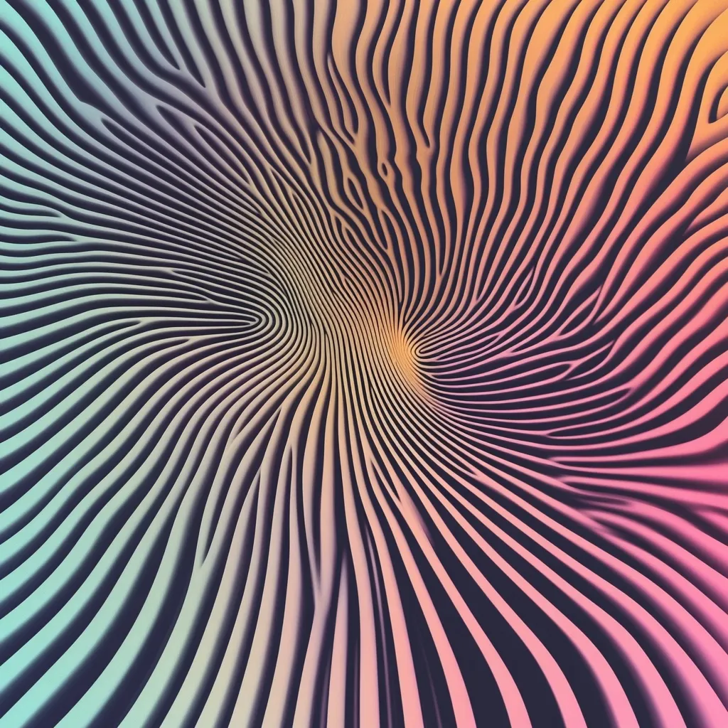 The image showcases a mesmerizing abstract design.  Parallel, curved lines radiate outwards from a central point, creating a swirling, vortex-like effect. The lines are subtly textured, giving a sense of depth and three-dimensionality. A gradient of pastel colors, transitioning from cool blues and greens at the edges to warm pinks and oranges near the center, adds a vibrant and dynamic quality to the piece. The overall impression is one of fluidity and hypnotic movement.