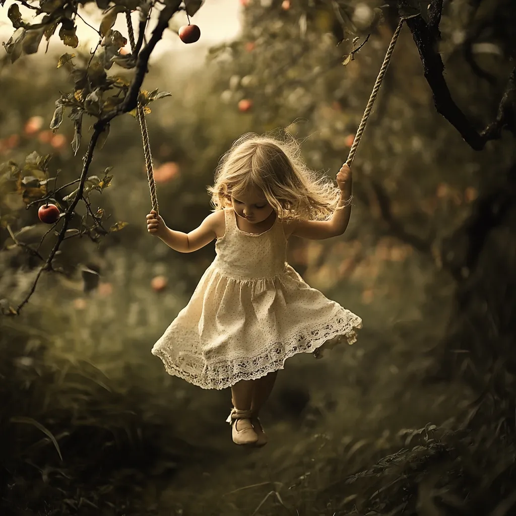 A little girl with blonde hair, wearing a white lace dress, joyfully swings on a rope swing suspended from an apple tree.  The scene is bathed in a soft, sepia-toned light, creating a dreamy, nostalgic atmosphere.  Red apples are visible on the branches, adding to the idyllic, whimsical setting of the photograph. The background is blurred, focusing attention on the child's carefree movement.