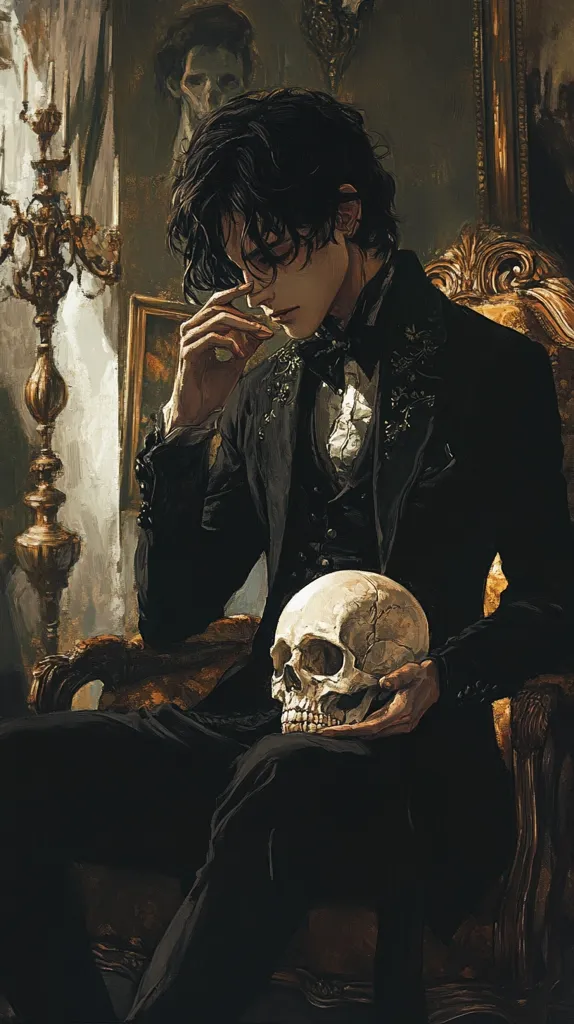 The artwork depicts a young man with dark hair, dressed in elegant black attire, seated in a richly ornate chair. He holds a human skull delicately in his hands, his gaze cast downward in a pensive mood.  The setting is dimly lit, with a golden candelabra and antique paintings in the background, creating a gothic and melancholic atmosphere. The overall style is painterly, with rich textures and deep shadows adding to the dramatic effect.  The image conveys a sense of mystery and introspection.