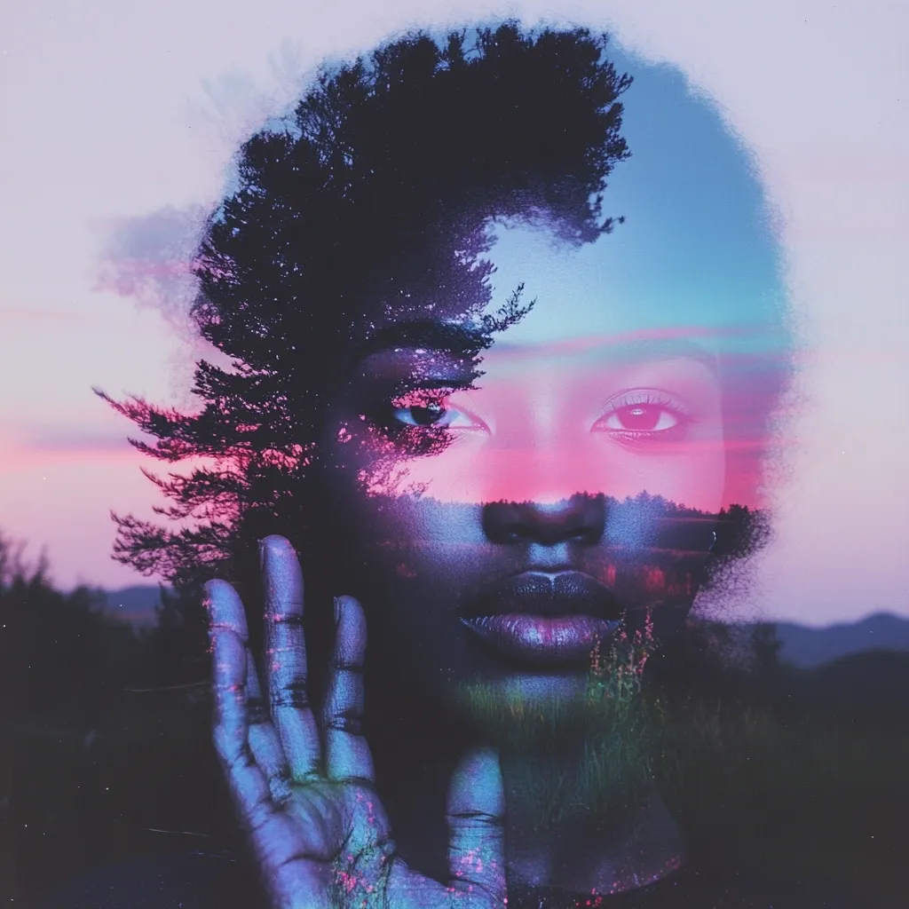 A double exposure image portrays a young Black woman with an afro.  Her face is superimposed over a sunset landscape; a silhouetted tree blends seamlessly with her hair, creating a powerful visual of interconnectedness with nature.  Her hand rests gently against her face, adding a touch of intimacy. The overall effect is dreamlike and surreal, bathed in cool and warm tones of purple, pink, and blue.  The image suggests themes of beauty, nature, and inner strength.