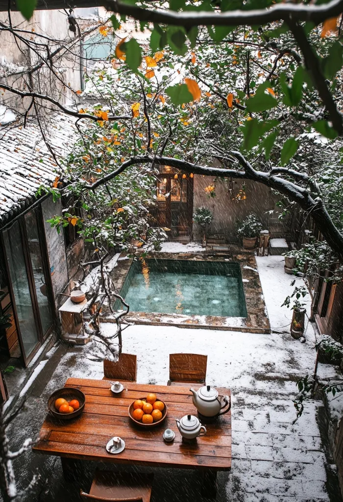 A snow-dusted courtyard, nestled within ancient buildings, reveals a tranquil scene.  A small, inviting pool sits in the center, surrounded by snow-covered stone.  A wooden table laden with oranges and tea service stands ready, surrounded by chairs.  Overhead, a snow-laden tree branches gracefully, its remaining autumn leaves adding a touch of warm color to the winter wonderland. The overall atmosphere is one of serene, quiet beauty.