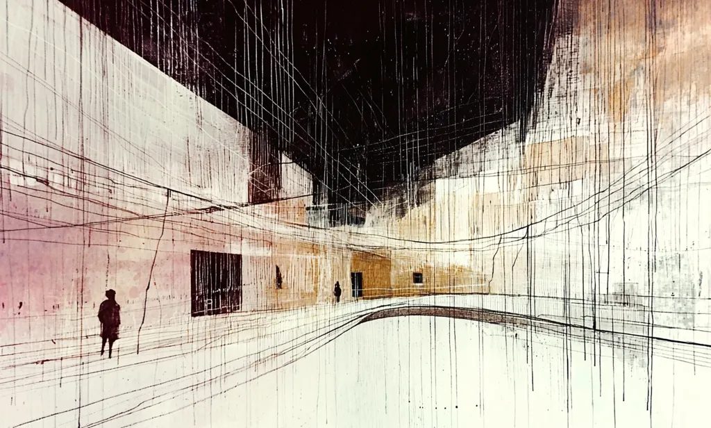 The image is an abstract depiction of an architectural space, possibly an interior or a plaza.  It uses a blend of painting and sketching styles, with overlapping lines suggesting depth and structure.  The color palette is muted, primarily whites, creams, and browns, contrasted by darker lines and shadows.  Silhouetted figures appear small and distant within this complex, almost labyrinthine setting, enhancing the feeling of scale and isolation.  The overall impression is one of modern design, urban space, and a sense of contemplative solitude.