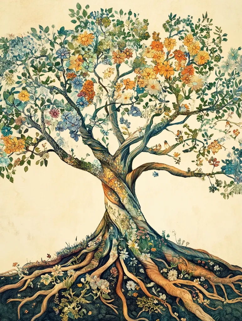 A vibrant illustration depicts a fantastical tree overflowing with multicolored flowers. The tree's trunk is intricately detailed, appearing woven from various plants and textures. Its roots, equally adorned with blossoms, spread wide, anchoring the tree to the earth. Small birds perch amongst the blossoms, adding a sense of life and movement. The overall style is reminiscent of botanical illustration, but with a whimsical and dreamlike quality. The background is a muted off-white, enhancing the tree's vivid colors.