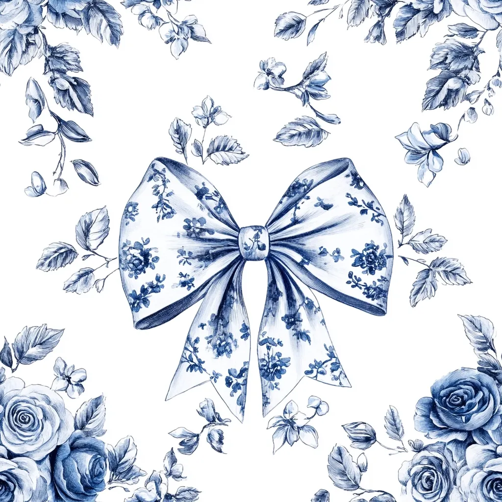 Here's a description of the image:

The image showcases a watercolor-style illustration featuring a large, central blue bow. The bow is adorned with a delicate floral pattern, matching the smaller floral sprigs scattered across the white background.  These floral accents, in varying shades of blue, are rendered with fine detail, suggesting a hand-drawn or sketched effect. Roses are prominently displayed in the corners, enhancing the overall elegant and romantic aesthetic. The style evokes a vintage or antique feel, possibly inspired by toile designs.